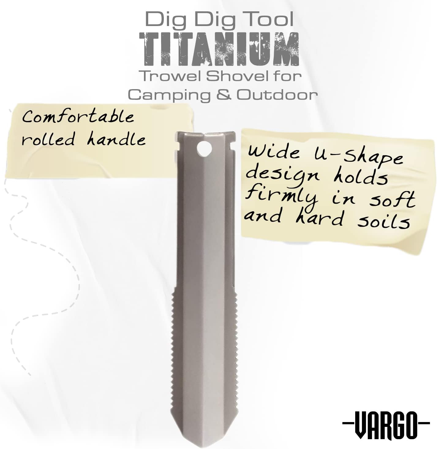Vargo Titanium Dig Dig Tool | Compact Backpacking Trowel Shovel for Camping & Outdoor Activities | Light Weight Essential Multi Tool Shovel & Tent Stake for Hikers & Outdoor Survivors