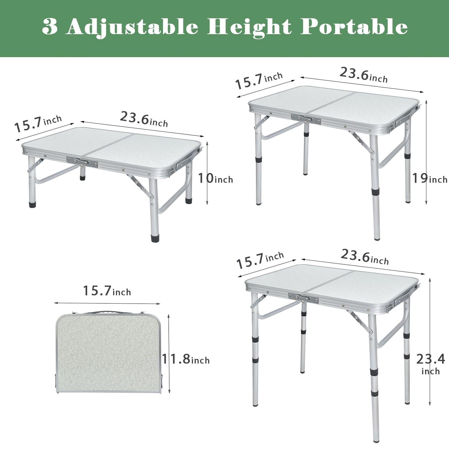 Geastsheng Small Folding Camping Table, 2ft Portable Picnic Table Aluminum 24" x 16" Folding Table, 3 Adjustable Heights Portable Lightweight Table Dining Table for RV, Picnic, Beach (White)