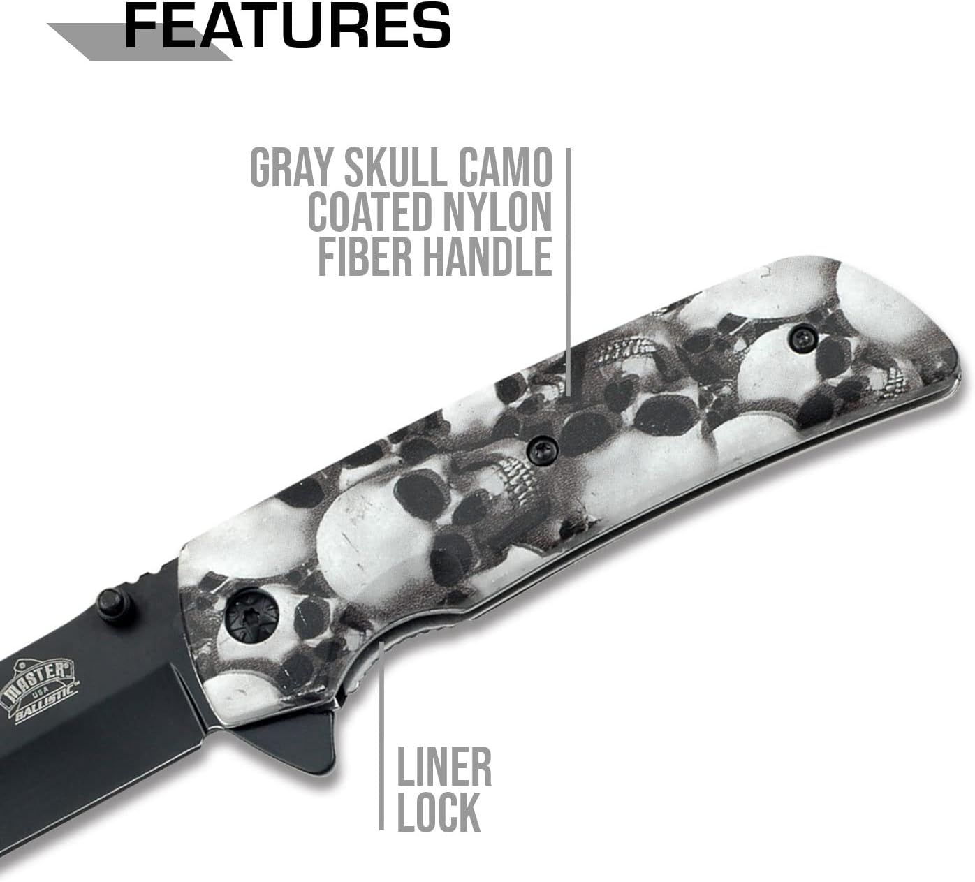 MASTER USA – Spring Assisted Open Folding Knife – Black Stainless Steel Blade, Grey Skull Camo Coated Nylon Fiber Handle with Pocket Clip, Tactical, EDC, Self Defense- MU-A005GY