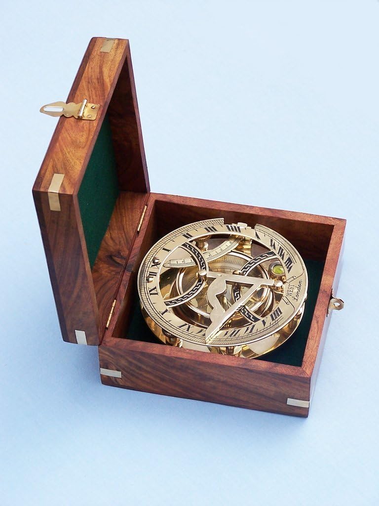 Hampton Nautical Antique Brass Round Sundial Compass with Rosewood Box, 6"