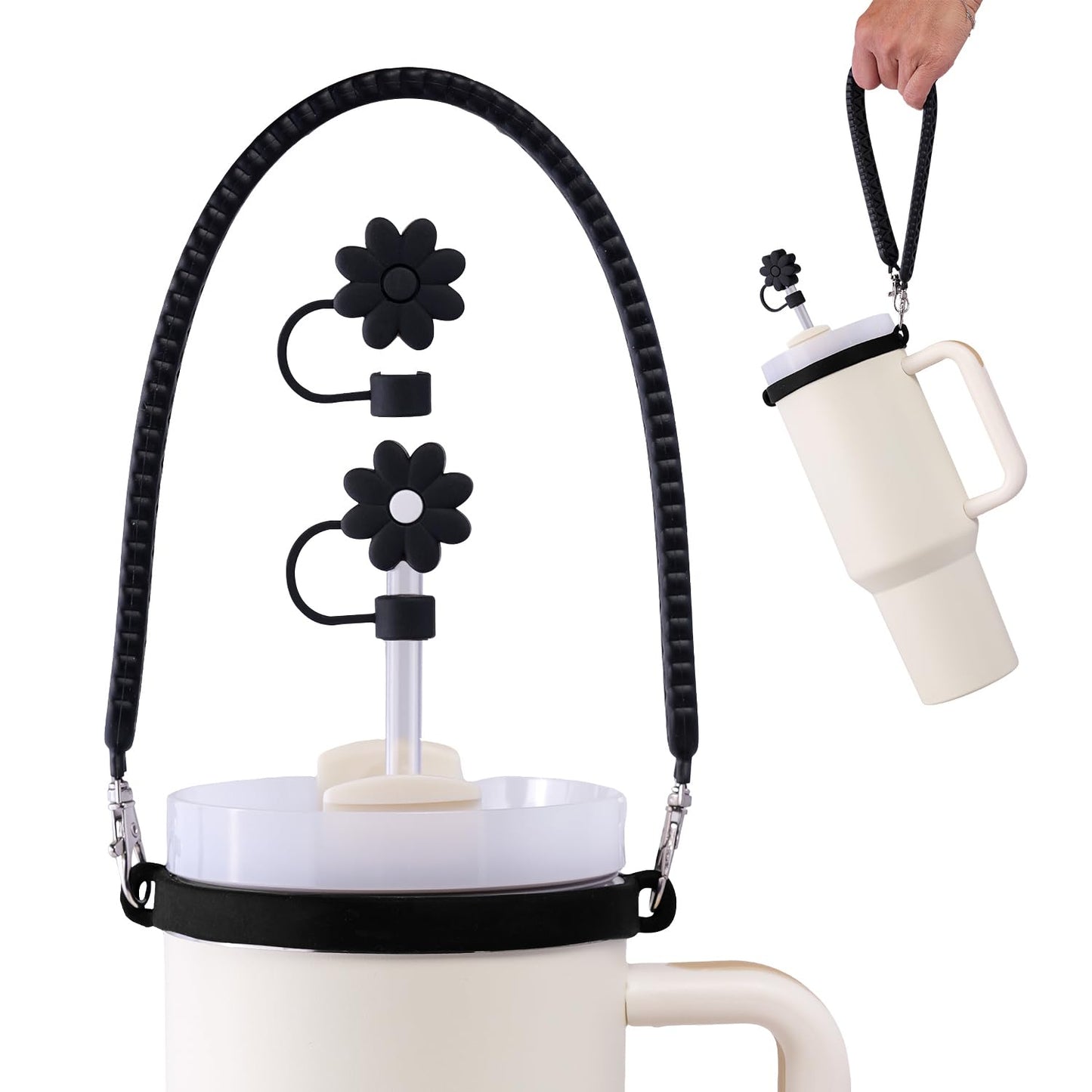 IKSII Water Bottle Handle&Straw Cover Toppers Cap,Silicone Water Bottle Sling Strap Carrier Holder with Strap Fits Most 8-40oz Bottles,Compatible Stanley Cup Accessories (Black)