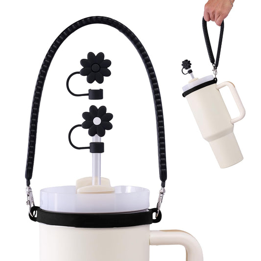 IKSII Water Bottle Handle&Straw Cover Toppers Cap,Silicone Water Bottle Sling Strap Carrier Holder with Strap Fits Most 8-40oz Bottles,Compatible Stanley Cup Accessories (Black)