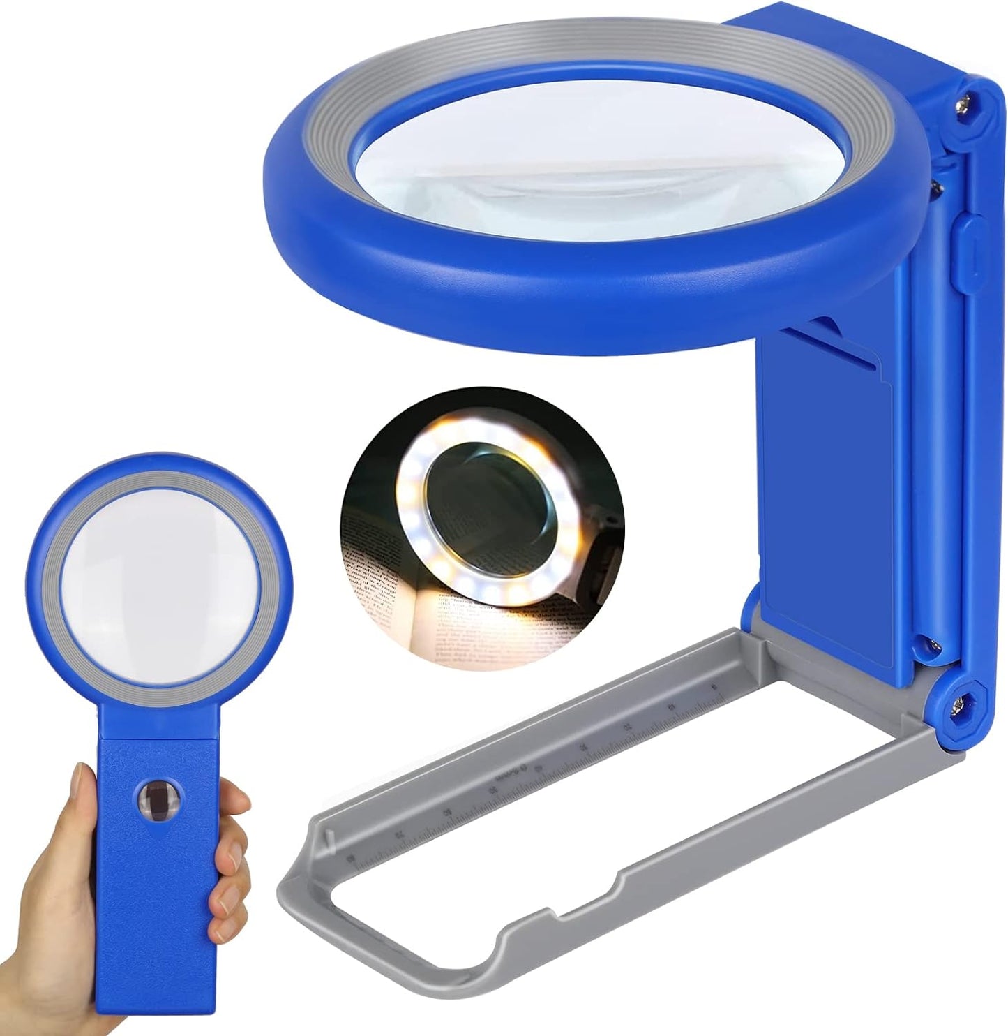 30X 10X Magnifying Glass with Light and Stand, Foldable Handheld Magnifying Glass 18 LED Illuminated Lighted Magnifier for Macular Degeneration, Seniors Reading, Close Work, Coins, Jewelry