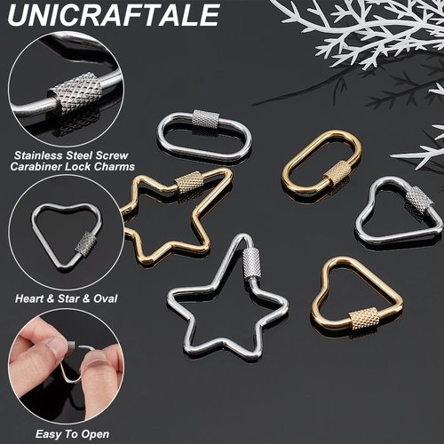 UNICRAFTALE 6pcs 3 Styles Screw Carabiner Lock Charms 2 Colors Stainless Steel Locking Carabiner Claw Clasp Heart Heart Carabiner Hook Clip Key Holder 22~35.5mm