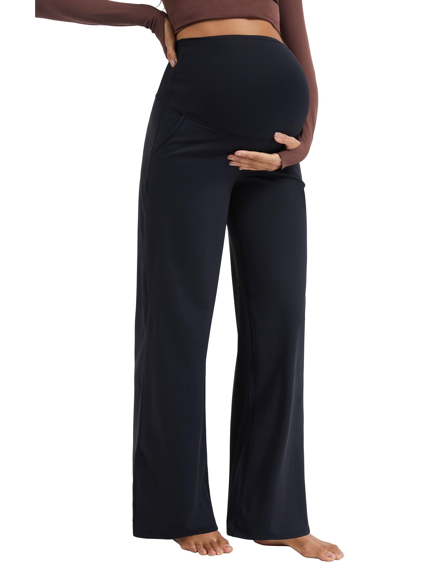 MathCat Womens Maternity Pants Over The Belly Wide Leg Yoga Work Dress Pants Pregnancy Pants Lounge Trousers Stretchy Soft Black