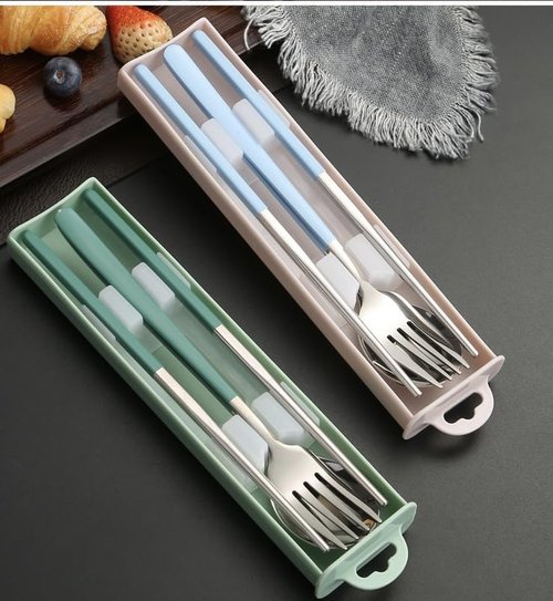 Pretihome 3 Pieces Portable Travel Utensils with Case 18/8 Stainless Steel Silverware Set for Camping Office School Lunch Including Chopsticks Fork Spoon Dishwasher Safe (Light Blue)