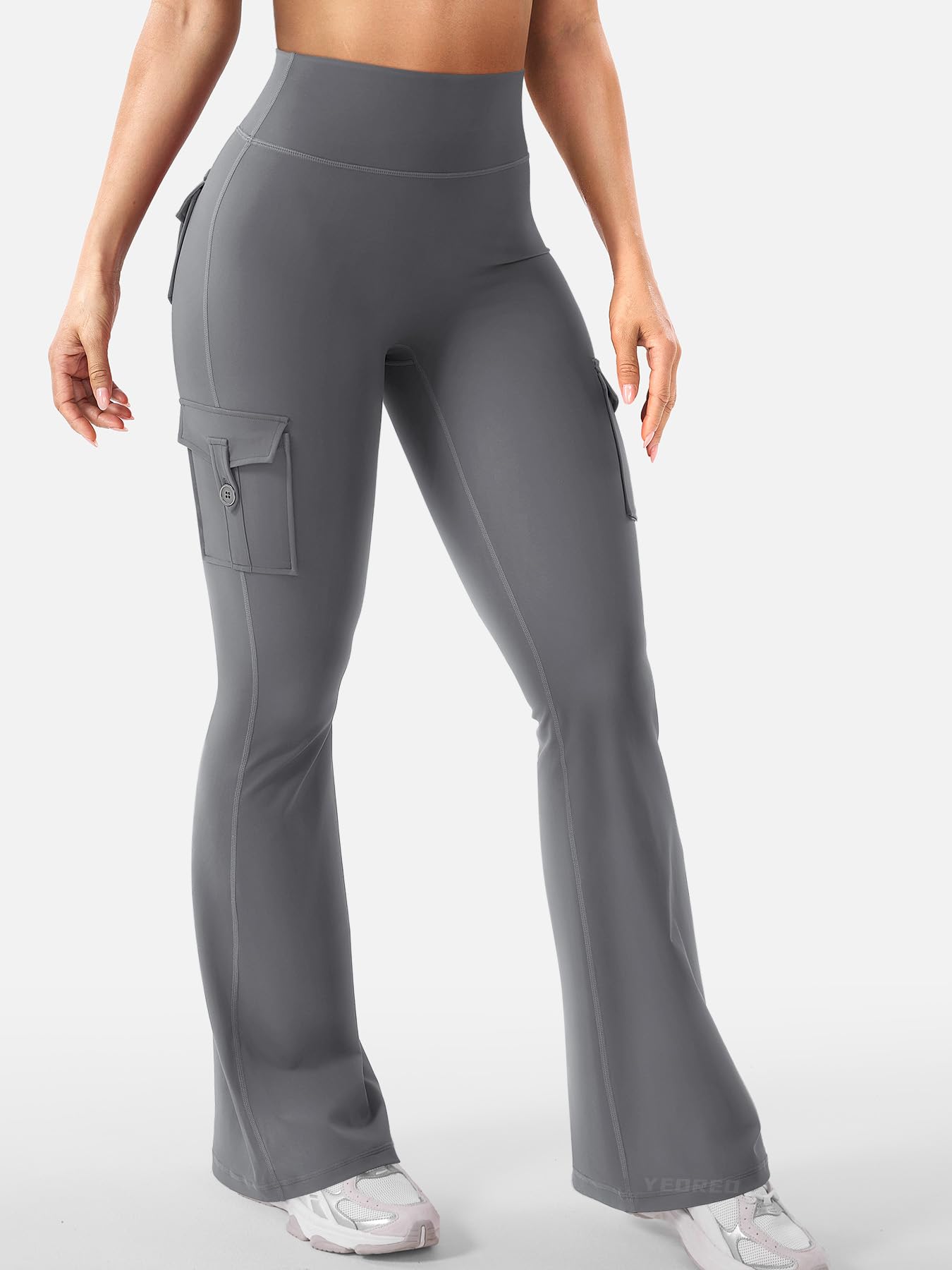 YEOREO CoreFlex Women Workout Flare Leggings with Pockets Hidden Scrunch Cargo Gym Yoga No Front Seam Leggings Lara Smoke M