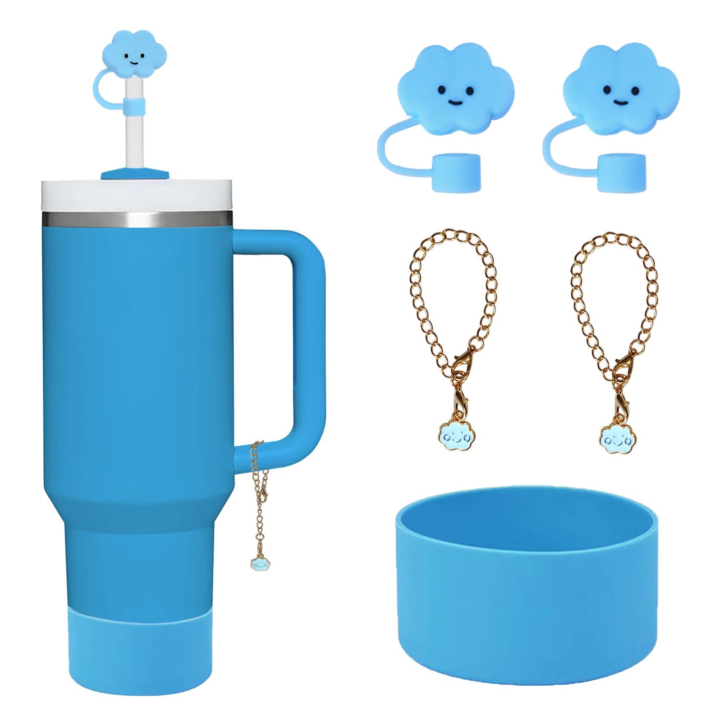 5 PCS Stanley Cup Accessories - Including Water Bottle Silicone Cup Boot for 30/40 oz Tumbler with Handle, 0.4in (10mm) Straw Toppers, Cute Handle Charms (Blue)