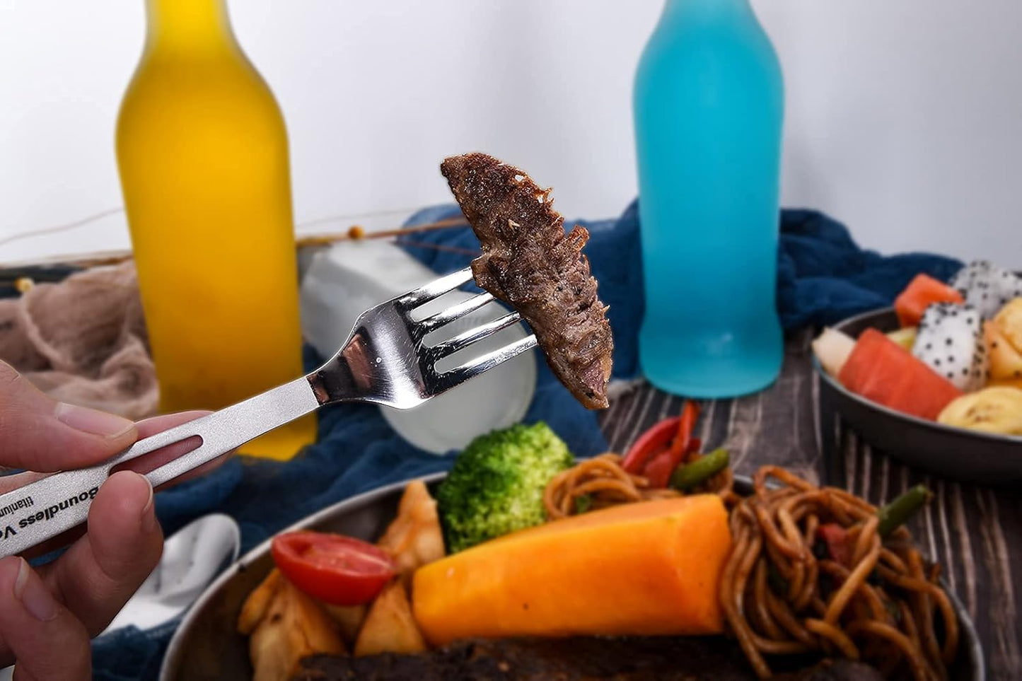 iBasingo Titanium Tableware Camping Fork Spoon Outdoor Cutlery Set Travel Utensils for Picnic Hiking Backpacking Home Use