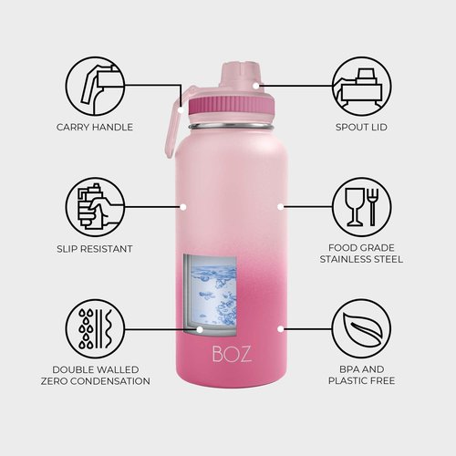 BOZ Stainless Steel Water Bottle - Vaccum Insulated Water Bottle 32 Oz - Wide Mouth BPA Free Sport Water Bottle for Gym with Spout Lid - Thermal Hot & Cold 1 Litre Gradient Pink Waterbottle