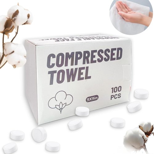 Mini Compressed Towel Portable Disposable Compressed Cotton Coin Standalone Paper Towels for Travel, Camping, Hiking, Sports, Beauty Salon, Household Towels 100 Pieces (8.5in×9in)