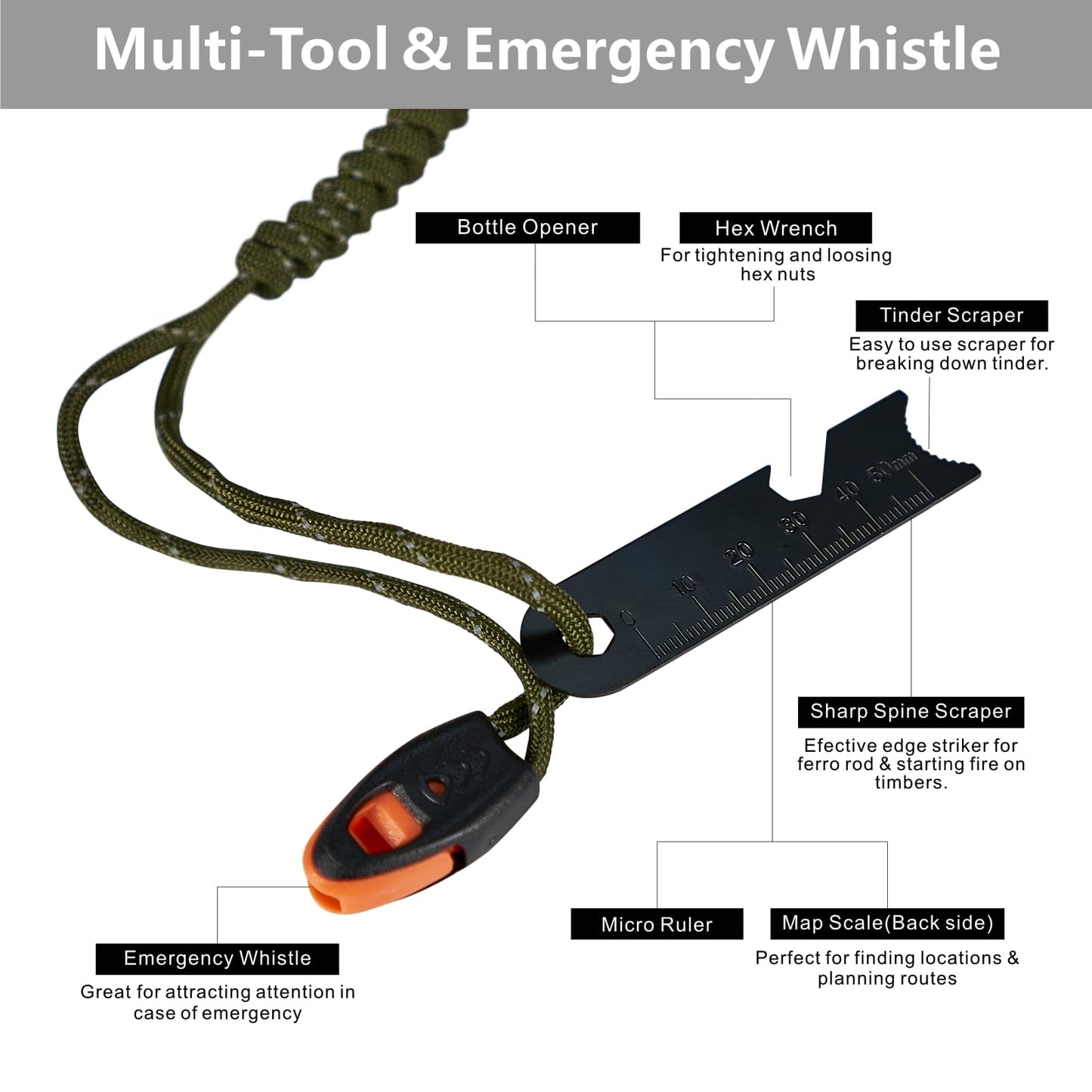 Fire Starter Survival Tool, 5/16" Ferro Rod with Paracord Lanyard, Multi-Tool Striker and Wooden Handle, Flint and Steel Fire Starter Kit for Your Hiking, Backpacking and Camping Essentials