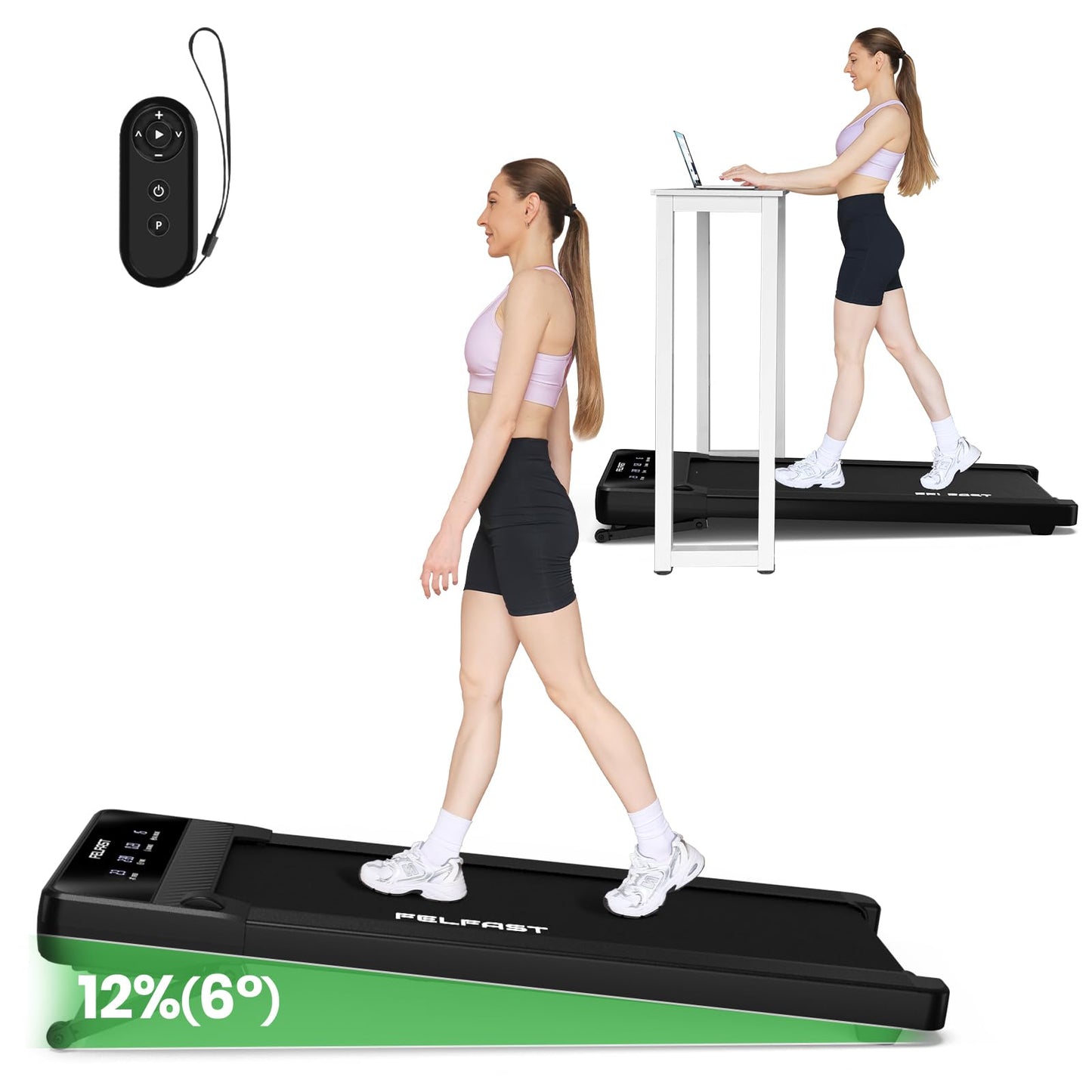 FelFast Walking Pad with 12% 6° Auto Incline, Under Desk Treadmill for Home Office w/Remote Control, 6 HIIT Mode, 265 Lbs Weight Capacity, 4 MPH Max, Desk Treadmill in LED Display, Black