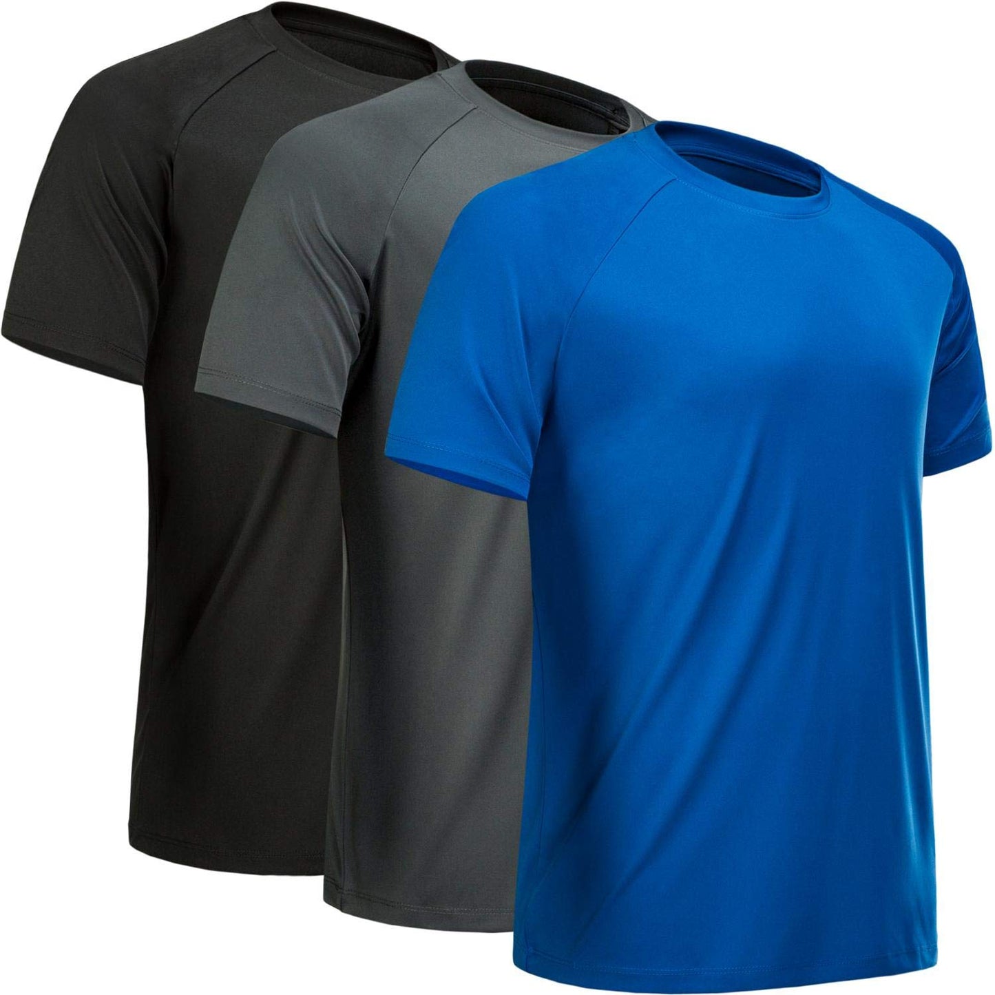 MCPORO Workout Shirts for Men Short Sleeve Quick Dry Athletic Gym Active T Shirt Moisture Wicking 3 Pack Black, Dark Grey, Blue Small