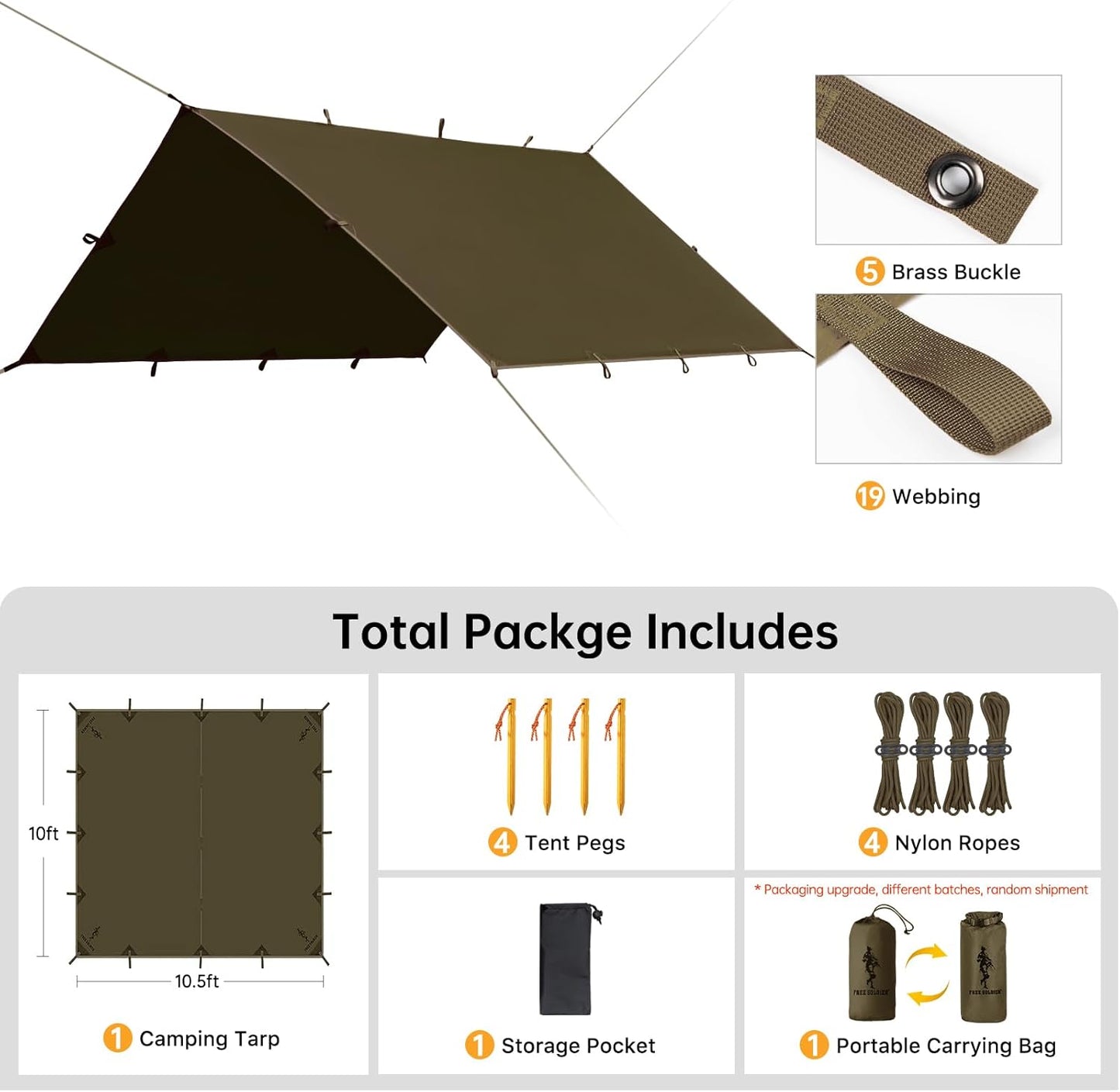 FREE SOLDIER Waterproof Portable Tarp Multifunctional Outdoor Camping Traveling Awning Backpacking Tarp Shelter Rain (Brown 10×10.5ft)