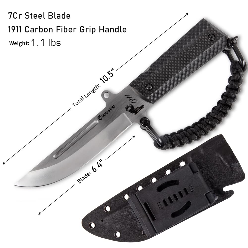 Cool Hand 10.5'' Fixed Blade Hunting Knives, Heavy Duty Survival Knife with Sheath, Drop Point 0.2" Thick 7Cr Steel Blade, Replaceable 1911 Carbon Fiber Grips Handle