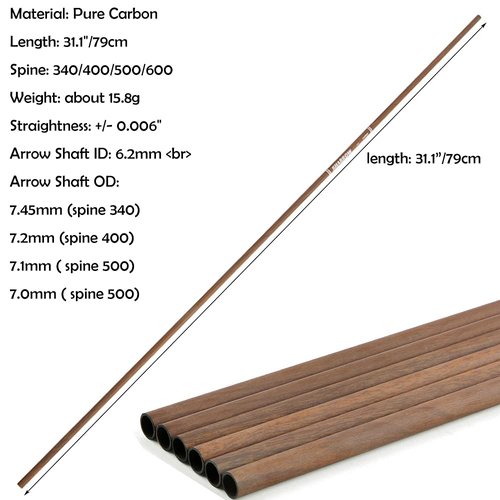 ZSHJGJR 31 Inch 6.2mm Archery Pure Carbon Hunting Arrow Shaft Tubes Spine 340 400 500 600 for DIY Hunting Arrows Bare Raw Shaft Recurve Bow Compound Bow Shooting 6/12/24pcs (12, Spine 500)