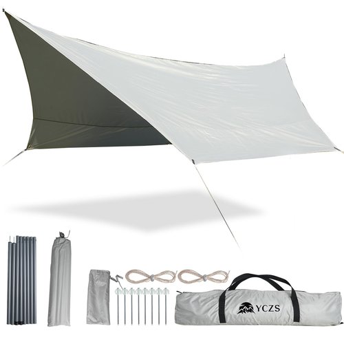 Camping Tarp Set,14x12ft, Sun and Rain Protection Canopy, Waterproof, Heat-Insulating，Hexagonal Design, Even Force, Stronger Stability, for Camping, Picnic, Beach, Outdoor Activities, Gray