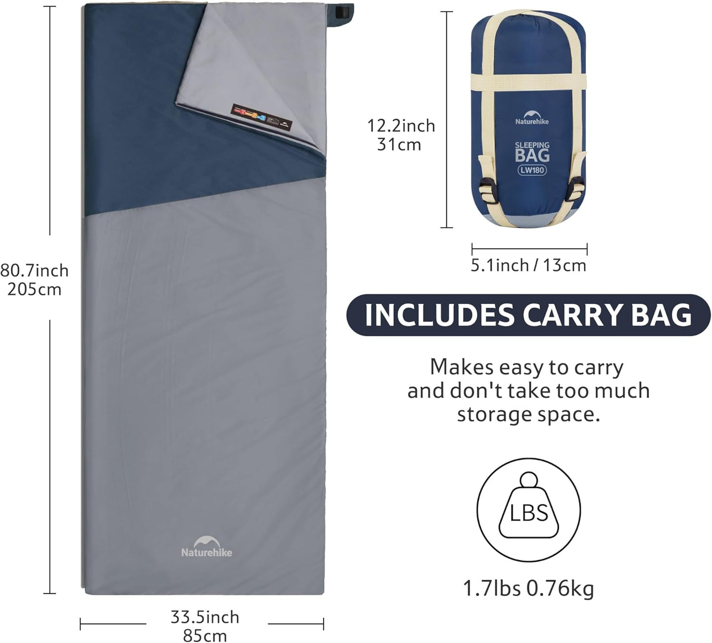 Naturehike Lightweight Compact Sleeping Bag, Envelope Ultralight Backpacking Sleeping Bag Portable, Waterproof, Comfort with Compression Sack for Cold&Warm, Camping, Traveling, Hiking