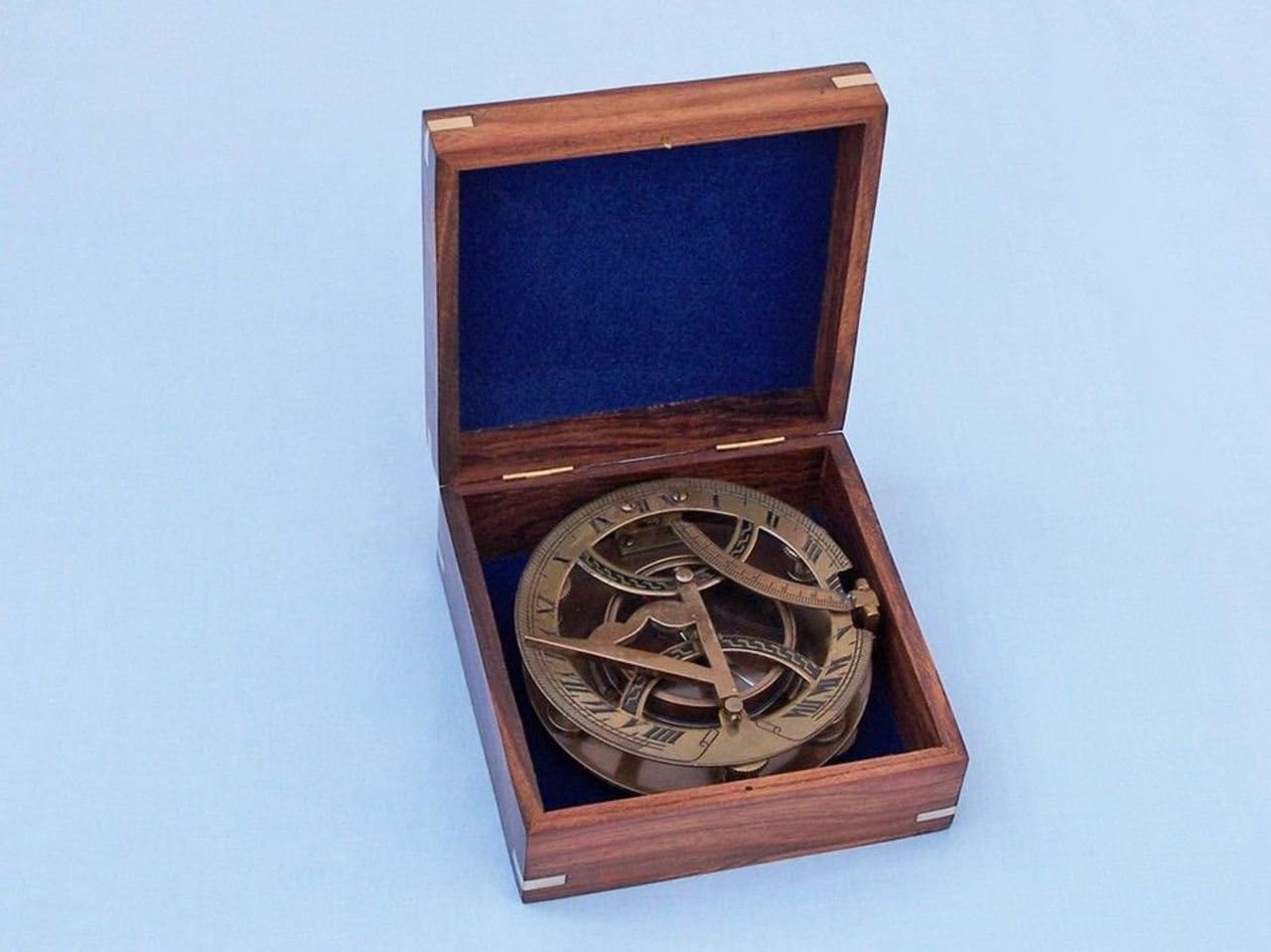 Hampton Nautical Antique Brass Round Sundial Compass with Rosewood Box, 6"