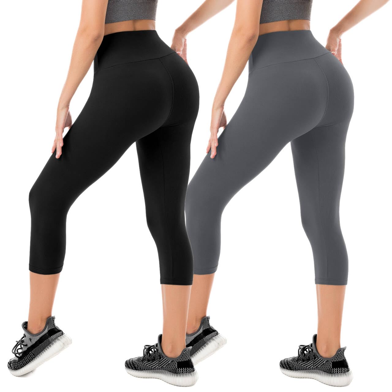 SINOPHANT Capri Leggings for Women - 2 Packs Buttery Soft Yoga Pants for Gym Athletic Black Grey LXL