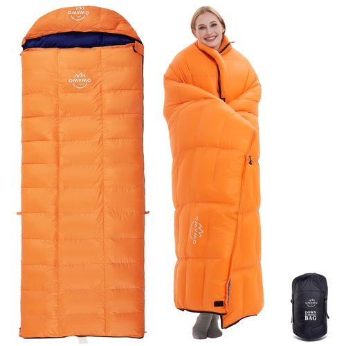 OMVMO 0 20 Degrees F Camping Sleeping Bag for Adults,4 Season Rectangle Down Fiber Sleeping Bag for Camping Hiking,Used as Blanket Quilt or Cloak (Orange/20℉/Right Zipper, Regular(Fits up to 6'0''))