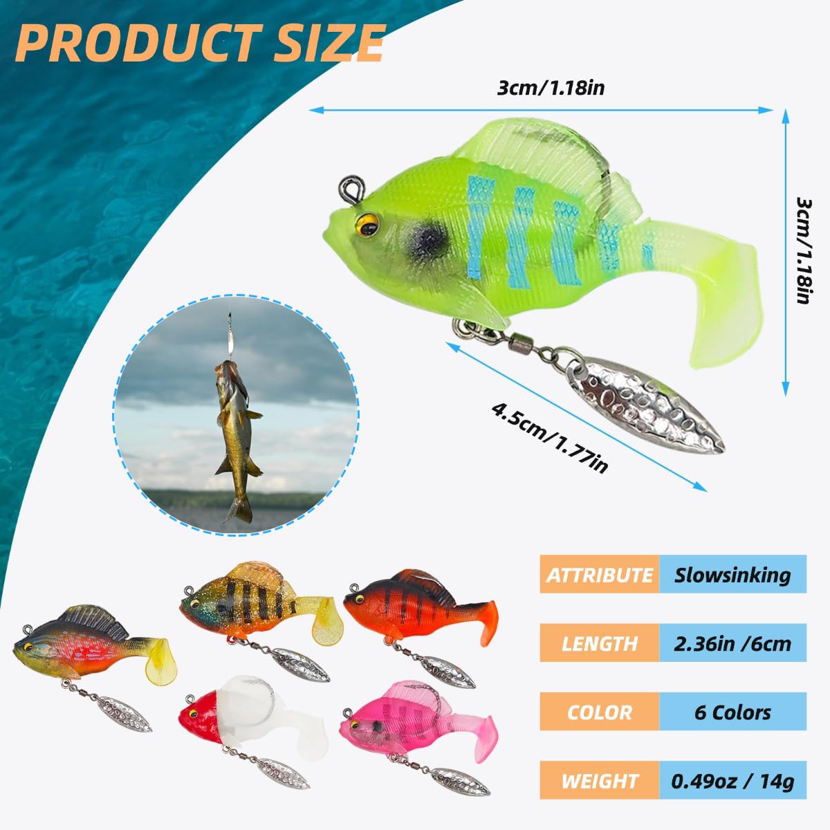 6PCS Pre-Rigged Jig Head Soft Fishing Lures with Paddle Tail, Swim Baits 3D Eyes Spinner Blades for Bass Fishing, Fishing Bait for Freshwater Saltwater, Fishing Lures for Bass Trout Walleye Crappie