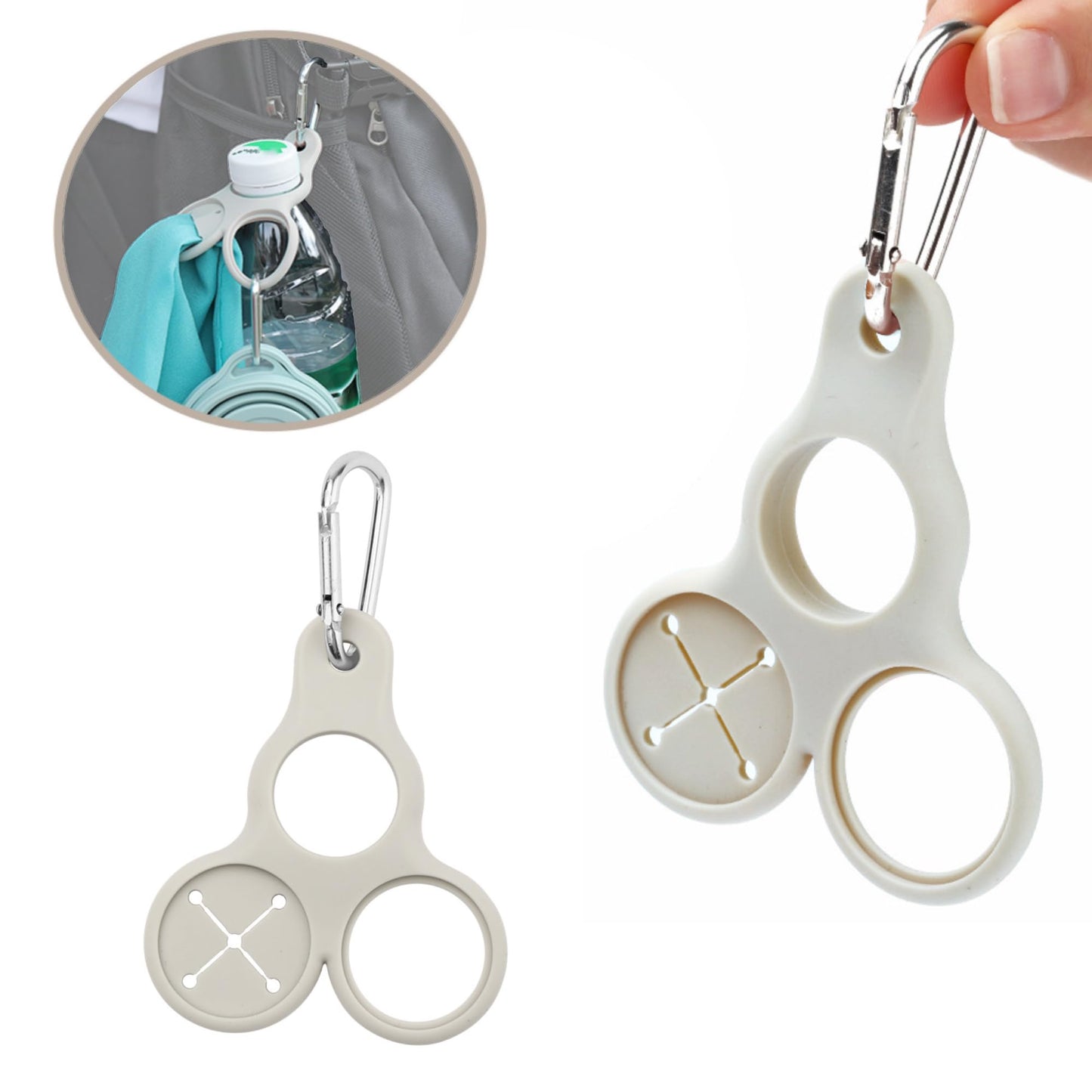 GCFTIFF 2 Pcs 3 in 1 Water Bottle Clip with Hanging Towels, Silicone Water Bottle Buckle，2 Water Bottle Holder & 1 Hanging Towels, with D-Ring Hook for Backpack Belt Hiking Camping Traveling (Grey)