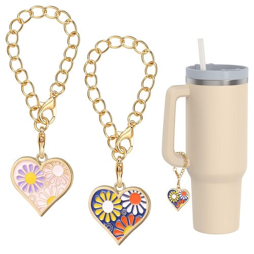 Emibele Heart Charm for Stanley Cup, Flower Handle Charm Stanley Cup Accessories, Personalized Name ID Water Bottle Charm Accessories for Stanley Cup Tumbler Yeti Identification, 2 Pack