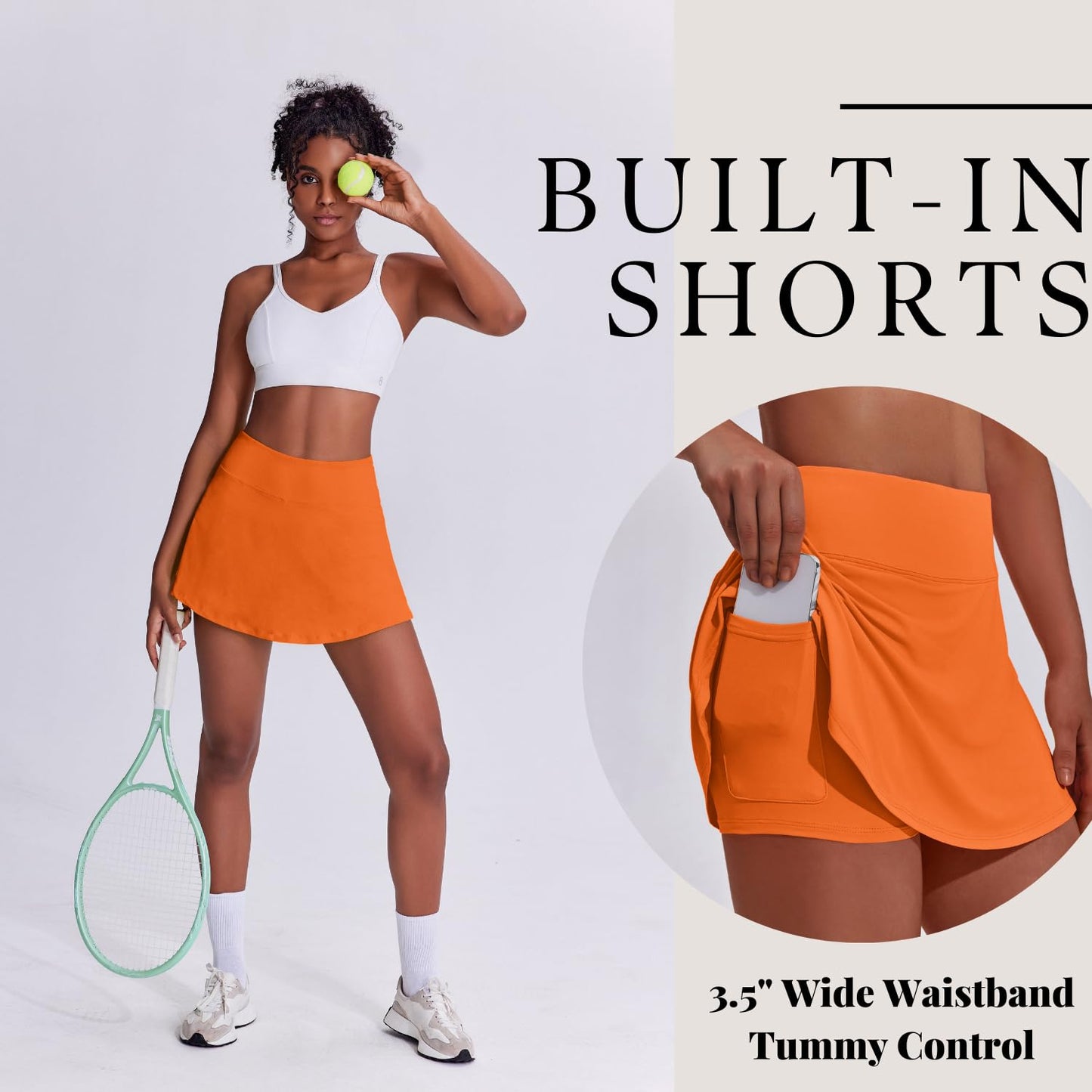 PINSPARK Skorts for Woman High Waisted Tennis Skirt Lightweight Golf Skort Mini Athletic Skirts with Shorts Flowy Skorts for Women with Pockets, Orange Medium