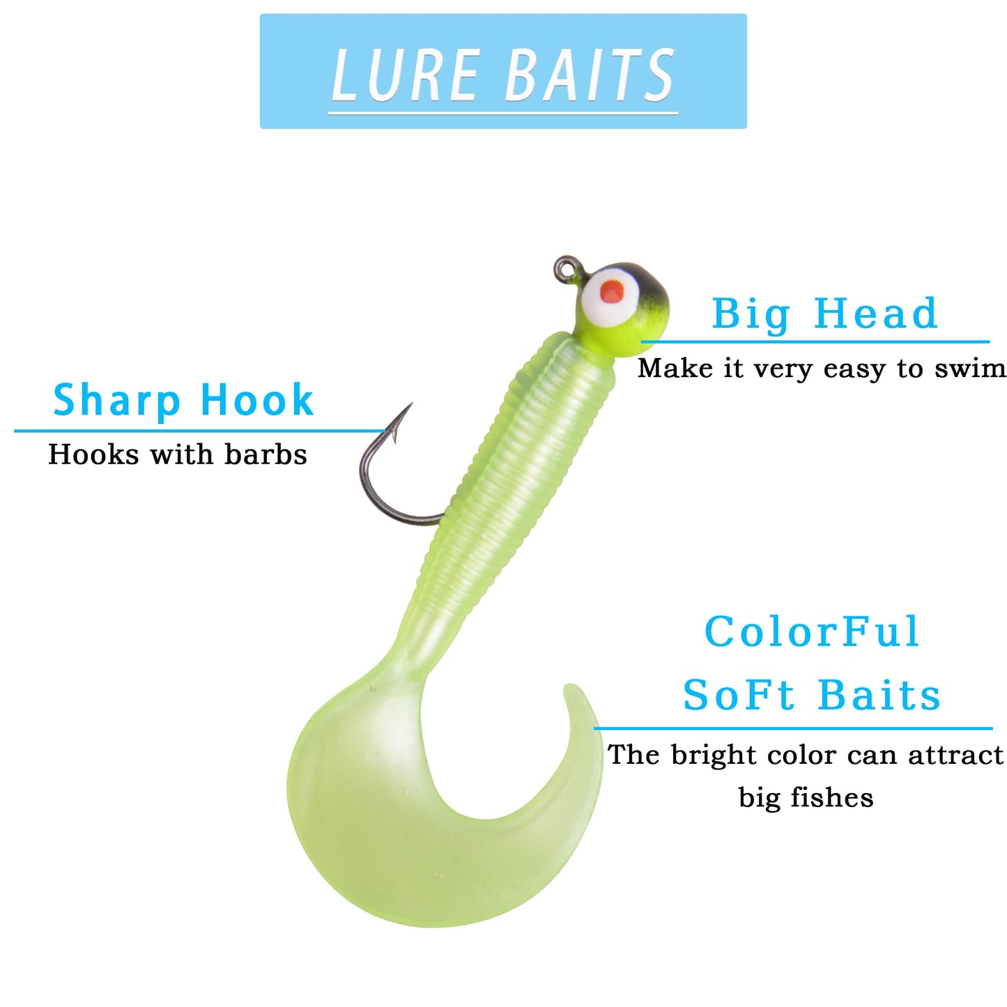 Soft Plastic Fishing Lure Jig Head Hook Kit,Grub Worm Lures Crappie Jigs Head Grub Tail Swimbait Tube Bait Jigs for Saltwater Freshwater, Trout Crappie Fishing 17pcs