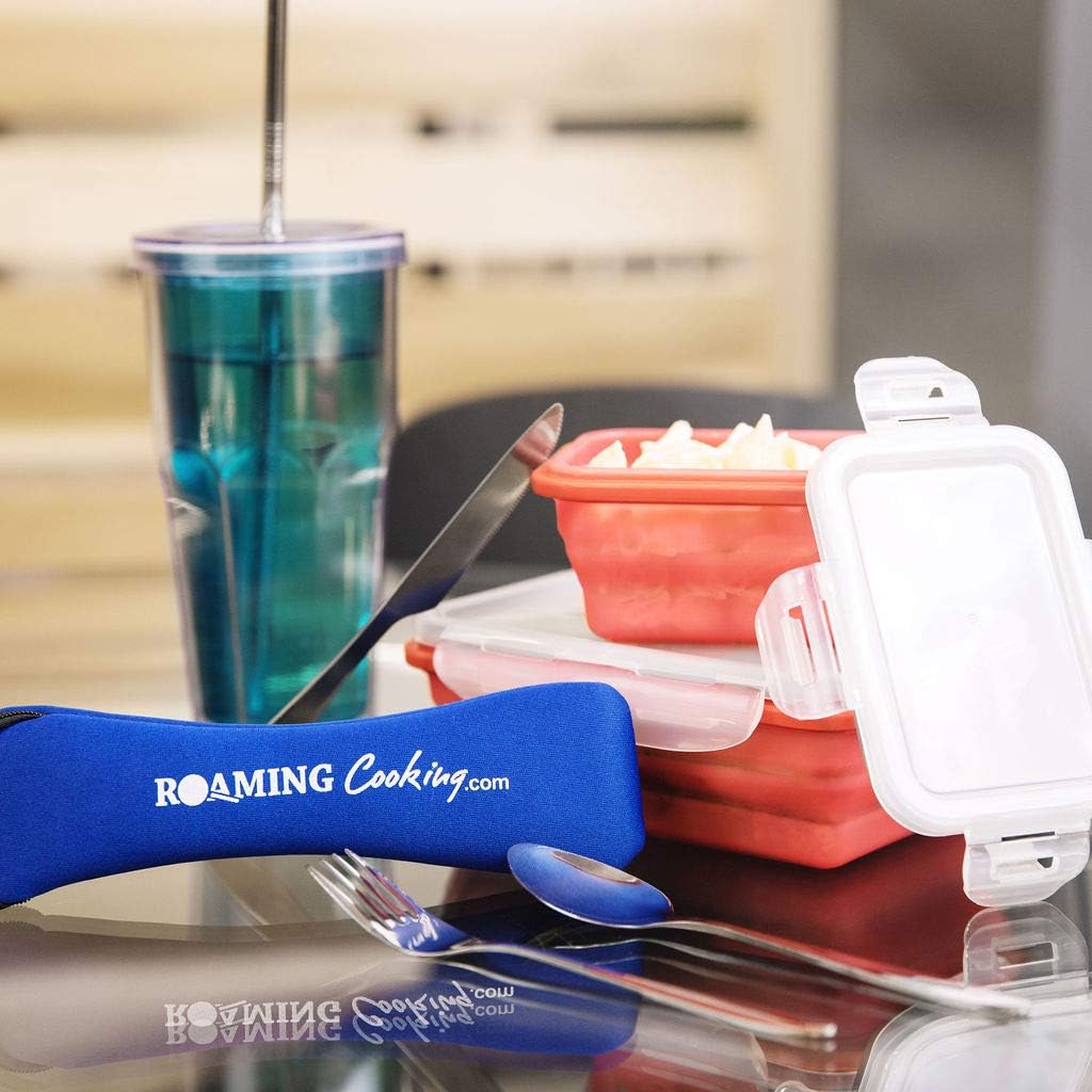 Reusable Travel Utensils with Case | Fork and Spoon Set with Knife and Optional Straws Great Office, Travel, or Camping Accessories | Lightweight, Sturdy Utensils