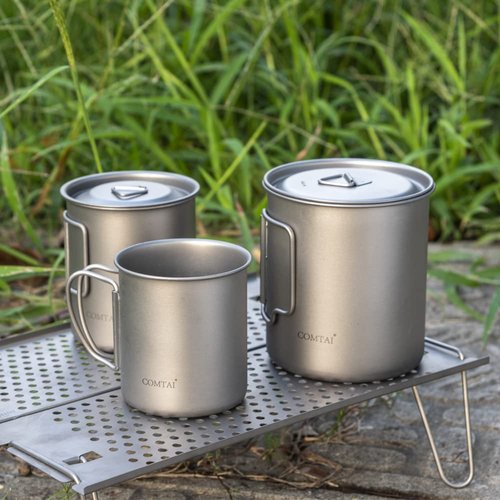 COMTAI Titanium Pot, 750ml/26 oz Mug with Lid and Foldable Handle, Titanium Cup Backpacking Cookware for Outdoor Hiking Camping Cooking