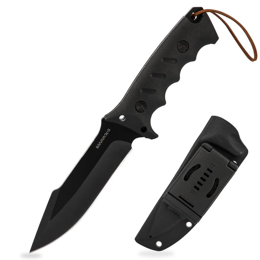 Brarvagur Fixed Blade Knife Full Tang with Kydex Sheath - Heavy Duty Outdoor Tactical Hunting Bushcraft Knives for Camping Adjustable Belt Clip (Heavygrip 4F)