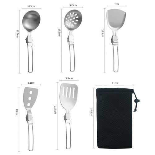 Esquirla 6Pcs Camp Cooking Utensil Set,Outdoor Kitchen Gear, Foldable Cooking Organizer Metal Camping Kitchen Utensil Set, Cookware Kit for Camp RV, BBQ