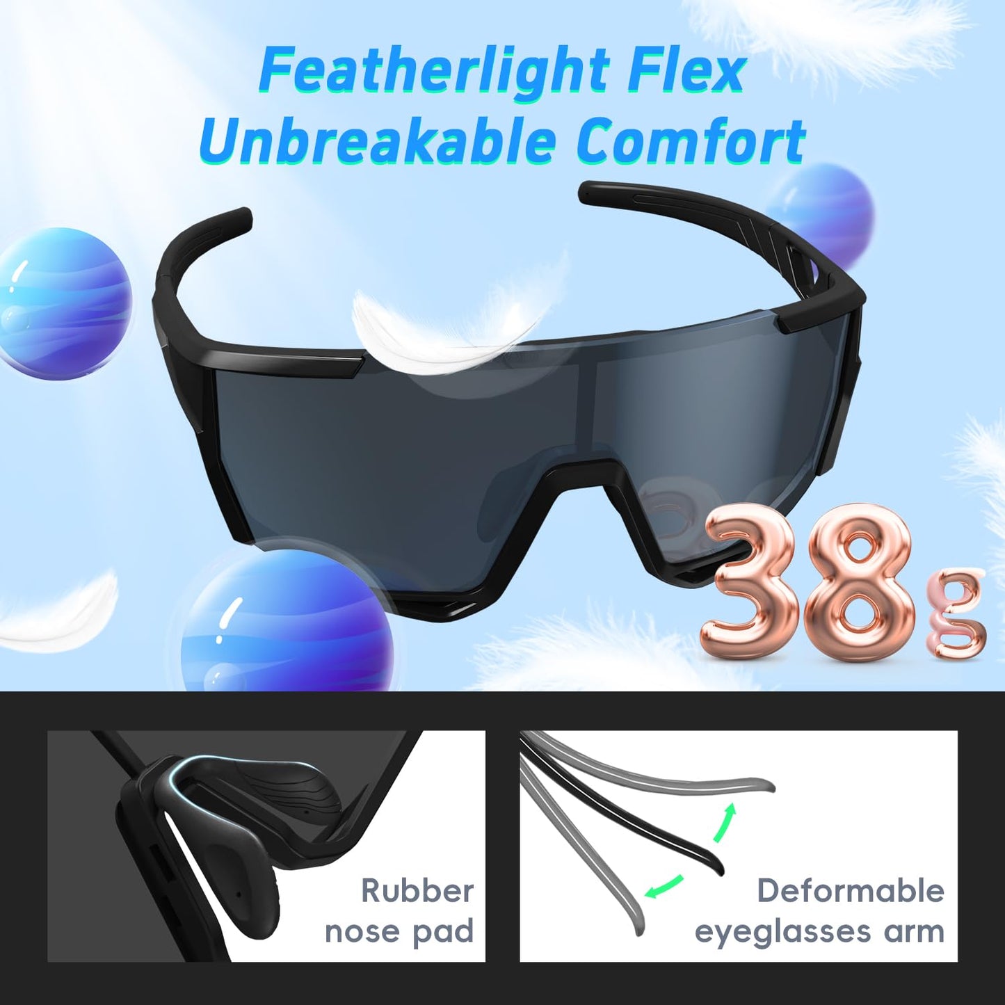 7 IN 1 Polarized Sports Sunglasses for Men Women, [UV400 Protection] [Removable Myopia Frame] Slim Fit Black Sunglasses for Running Baseball Driving Fishing Cycling