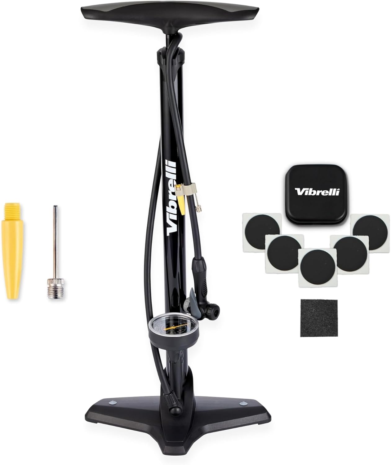 Vibrelli Bike Floor Pump with Gauge - High Pressure 160 PSI, Presta & Schrader Compatible + Glueless Puncture Kit