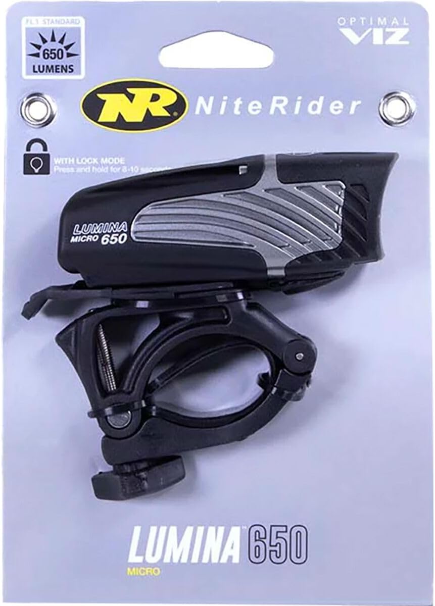 NiteRider Lumina Micro 650 Lumen USB Rechargeable Front Bike Light – 5 Modes Compact LED Headlight Helmet Mount IP64 Waterproof Road Cycling MTB Commuter Night Riding Safety Easy Mount Bicycle Light