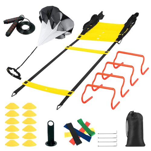 MKSY Agility Ladder Speed Training Equipment Set, Includes 20ft Agility Ladder, Parachute, 4 Agility Hurdles, 12 Disc Cones, 1 Jump Rope, 4 Stakes & 5 Bands for Basketball Soccer Training