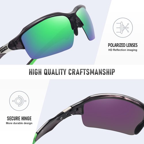 Ofwin Polarized Sports Sunglasses for Men Women Wrap Around Half Frame Cycling Fishing Bike Running Sun Glasses UV Protection Bright Clear Gray Frame/Green Mirror Lens