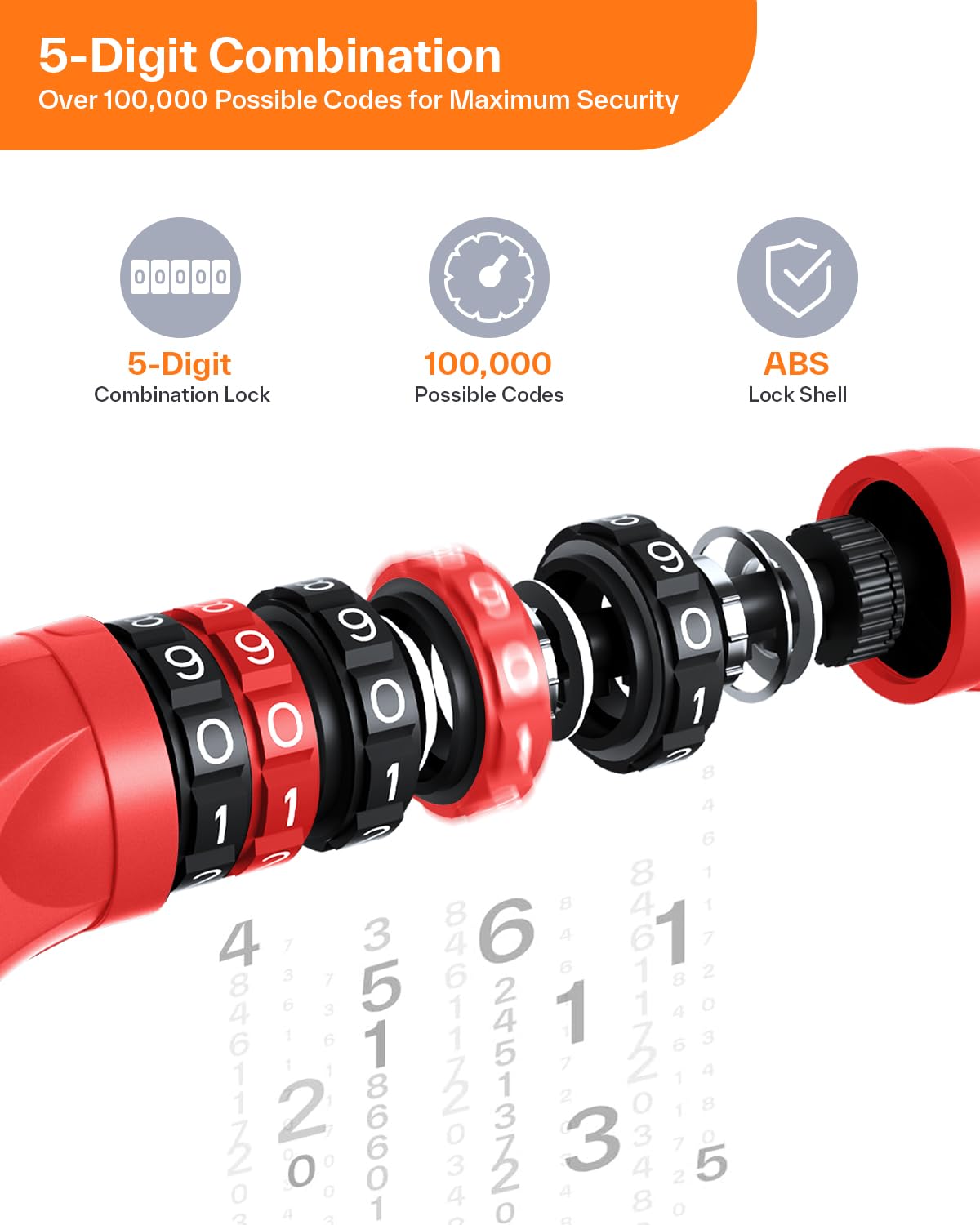 Sportneer Bike Lock: 5 Digit Combination High Security Anti Theft Bike Chain Lock - 3.2/3.6/4ft Heavy Duty Resettable Keyless Bicycle Lock for Bike, Motorcycle, Scooter, Door - 6mm Thick Red