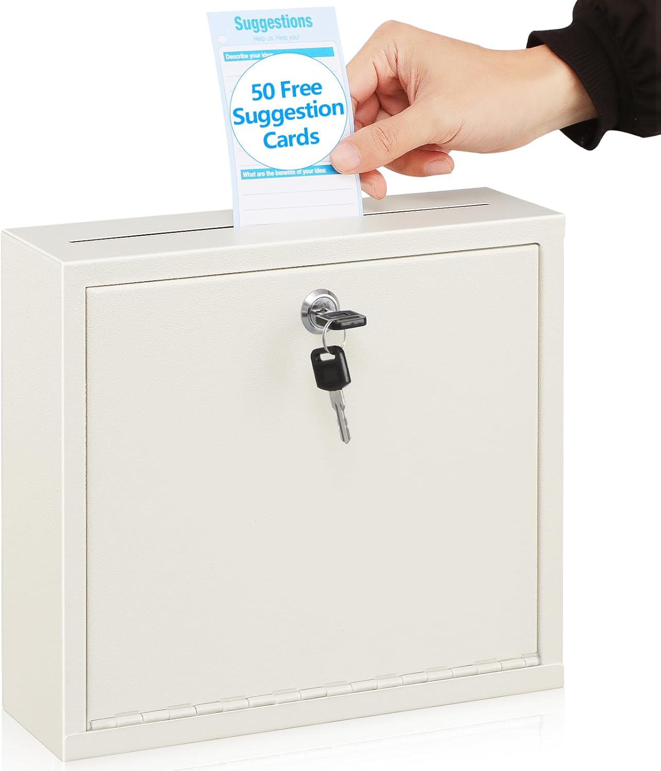 KYODOLED Suggestion Box with Lock and Slot, Small Locking Mailbox for Office, Wall Mount Safe Money/Key Drop Box with 50 Free Suggestion Cards, 9.8" W x 3" D x 7" H, Black