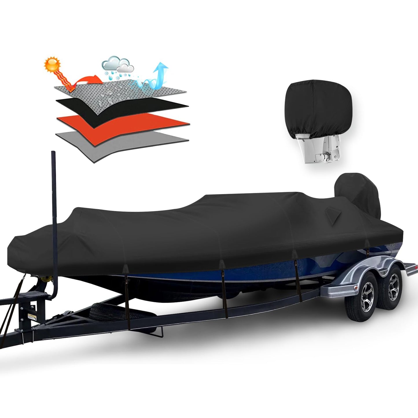 Solim Waterproof 1200D PU Boat Cover with Motor Cover, Heavy Duty Marine Grade Trailerable Polyester Canvas, Fits 20-22ft V-Hull, Runabout, Fishing, Ski Boat with Straps, Black