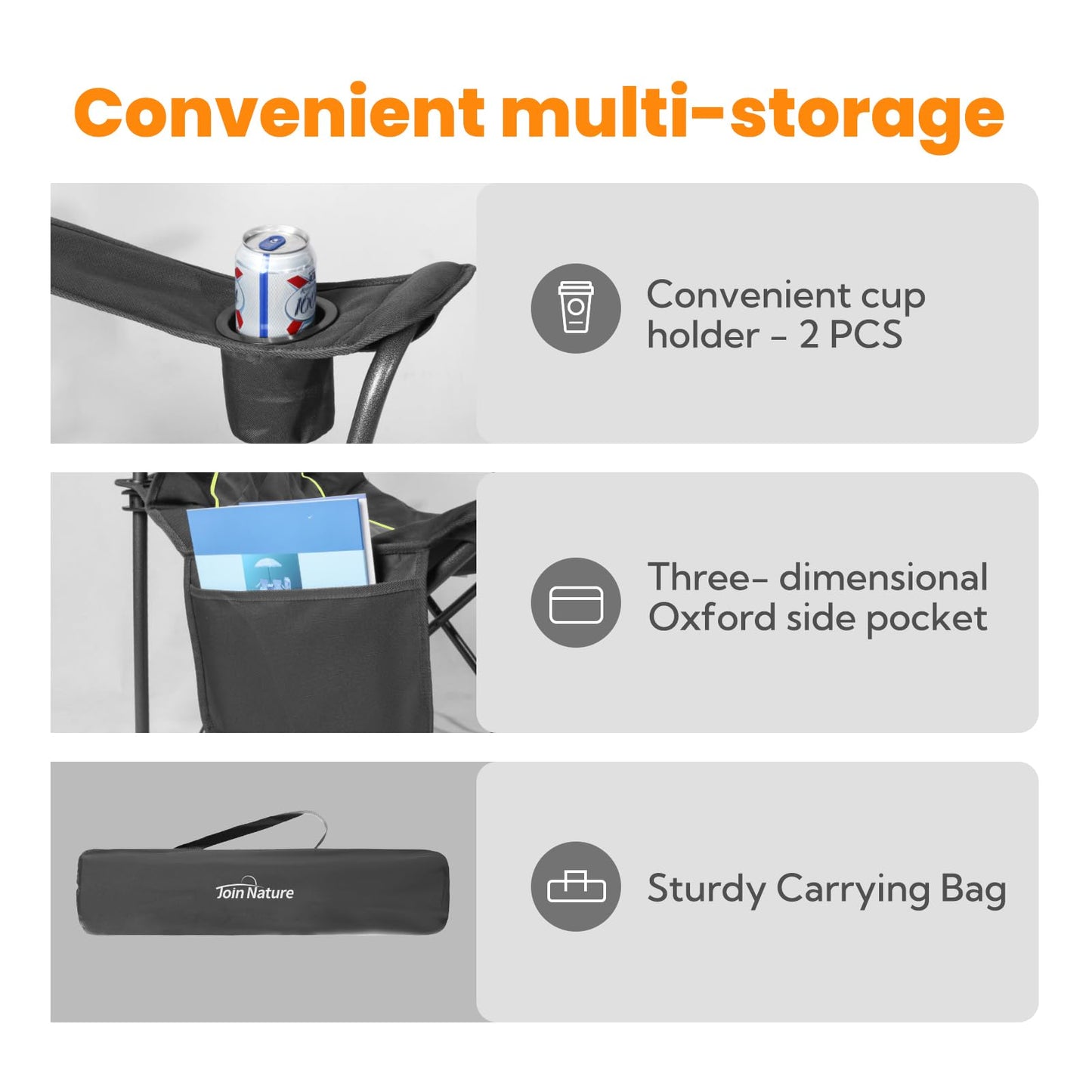 Join Nature Outdoor Large Camping Chairs for Adults, Heavy Duty Camp Chair Support 800lbs, King Kong Folding Chairs with Padded and Pocket for Outside, Sports, Lawn, Built Durable and Reliable, Black