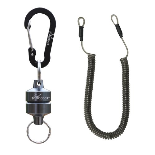 GOODCAT Strongest Magnetic Net Release Magnetic Keychain Fly Fishing Net Retractor Magnet Clip Holder Retractor with Retractable Coiled Lanyard Carabiner (B:Gun Metal+Black Carabiner)