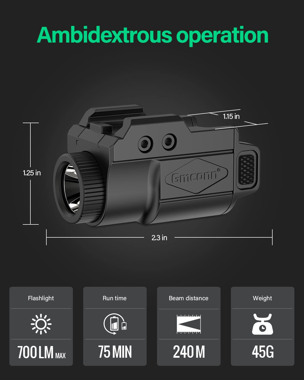 Gmconn 700 Lumen Pistol Light, Compact Adjustable Rail Mounted Flashlight Mini Weapon Light with Strobe Mode for Picatinny MIL-STD-1913, Glock (700 Lumen)