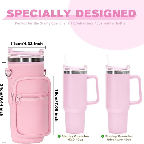 Water Bottle Bag with Phone Pocket for Stanley Tumbler 40Oz, Water Bottle Holder Carrier Pouch with Adjustable Shoulder Strap for Walking Biking Travelling Camping Gym (Cow Pattern)