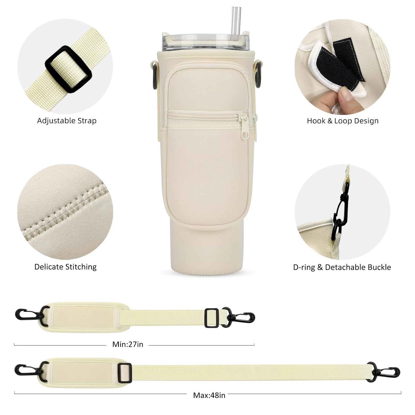 FYD Water Bottle Carrier Bag for Stanley 40oz Tumbler with Phone Pocket Neoprene Water Bottle Holder Pouch with Adjustable Strap, Straw Cover & Keychain for Stanley Cup Accessories (Beige)
