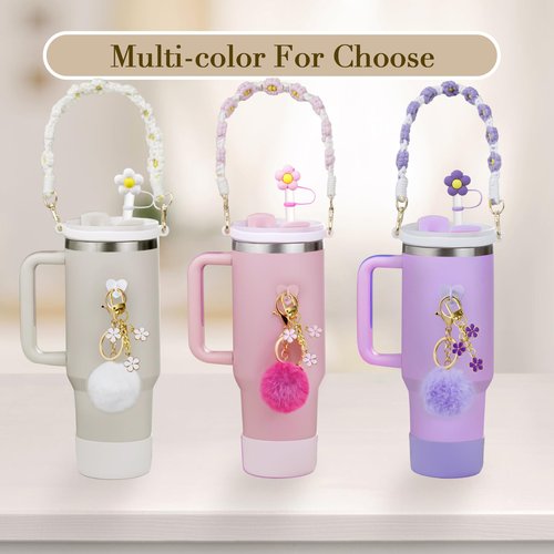 LBU 12Pcs Stanley Cup Accessories for 40/30/20 oz Tumbler Including Spill Stopper, 3PC Siliocne Straw Topper Cover Cap, Stanley Cup Boot, Handle Strap, Keychain Charm, Pom-Pom(Purple)