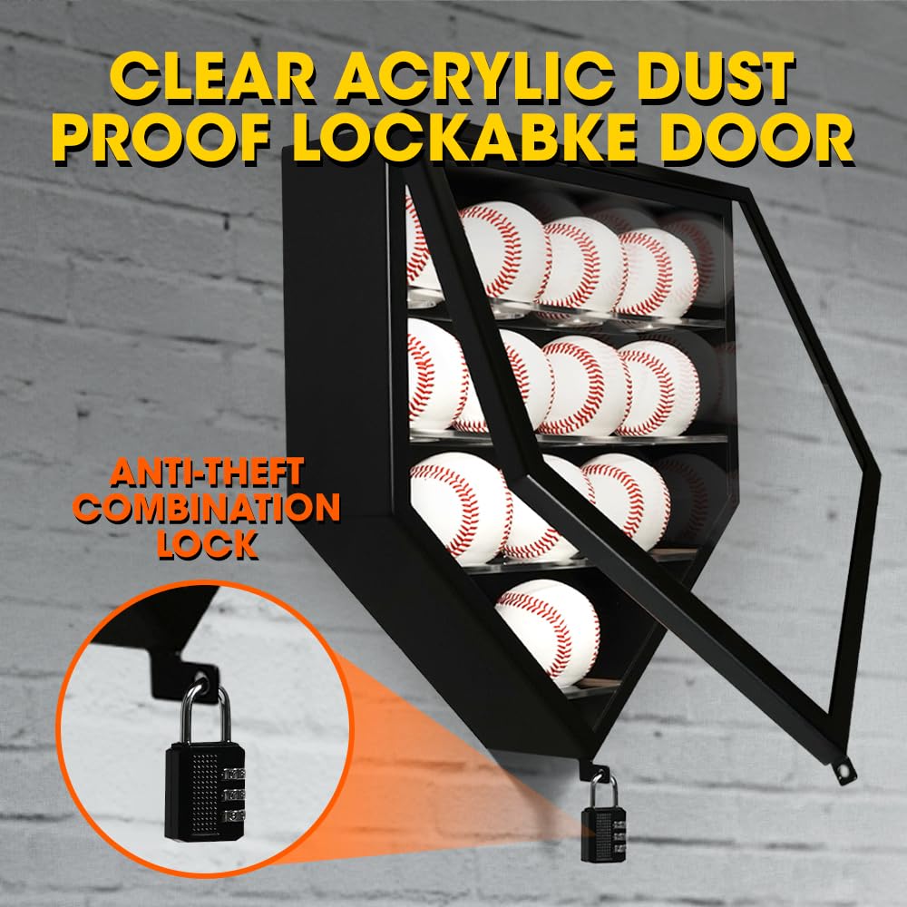 J JACKCUBE DESIGN Baseball Display Frame Case 12 Balls Holders with UV Protection Acrylic Door Wall Mount Shadow Box Cabinet Shelf for Home Run Autographed Collection Memorabilia Ball- MK955A